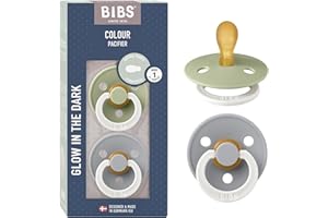 BIBS Colour Symmetrical Glow Schnuller 2er-Pack, BPA-frei. Leuchtet im Dunkeln, Symmetrischer Nippel. Naturkautschuk/Latex, Hergestellt in Dänemark. Größe 1 (0-6 Monate), Sage Glow/Cloud Glow