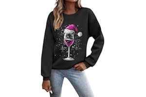 Generisch Weihnachtspullover Damen Sweatshirt Lustig Weinglas Gedruckt Muster Druck Rundhals Langarm Casual Christmas Sweat Oberteile Xmas Pulli Frauen mit Fleece gefüttert Tops