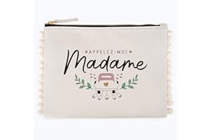 Manahia Pochette Pompon Cadeau Mariage - Appelez moi Madame - Cadeau Mariée - Trousse en Coton - Future Mariée - Cadeau EVJF - Cadeau Femme - Cadeau Jeune Mariée - Just married