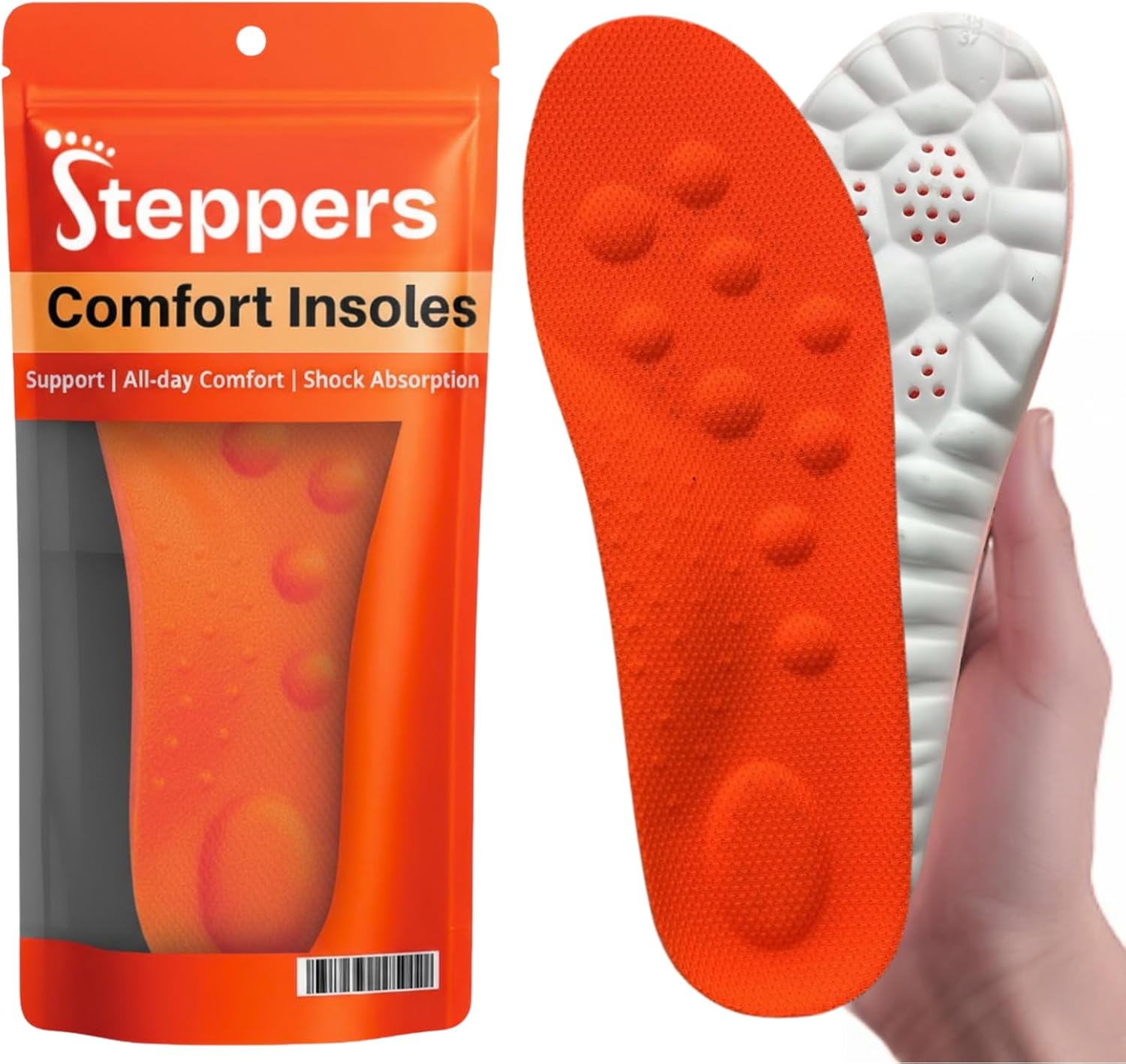 Original Steppers Insoles, 2026 4D Steppers Comfort Boosting Massage Insole, Memory Foam Thermal Insoles, Comfy Insole with Arch Support for Men and Women (Orange, Large (EU 43-44))