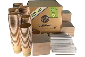 GOBETREE 200 tasses à café Kraft jetables pour café expresso 120 ml avec agitateurs en bois dans un sac en papier pour café et serviettes recyclées