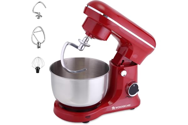 Wonderchef Regalia Neo Stand Mixer, 5.5 L Stainless-Steel Bowl, Whisk, Whip, Beat, Mix, for Cake & Pizza Doughs, Creams, Salad Dressings, Eggs, 10-Speed Setting, 4 Attachments, 2-Yr Warranty, Red