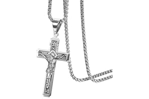 JewelryWe Gioielli Collana con Ciondolo Pendente Croce Gesu' Collana Preghiera, Collana da Uomo in Acciaio Inossidabile, Colore Argento Oro, Natale Regalo
