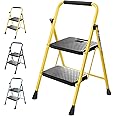 TICONN 2 Step Ladder, Heavy Duty Foldable Step Stool, Portable Steel Folding Stool for Household Garage Storage (Yellow)