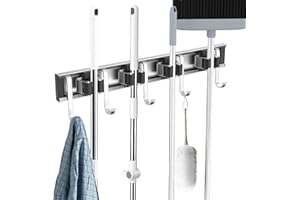 GARTOL Besenhalterung Wand, Garage Tool Management Wandregal, Besen Mop Halter Wandhalterung, mit 4 Halter und 5 Haken für Zuhause Küche Badezimmer