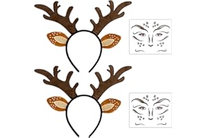EUPSIIU 2 Pezzi Cerchietto con Corna + 2 Pezzi Tatuaggio Faccia di Cervo, Fascia per Corna di Natale Fascia per Capelli Fascia Corna di Renna, per Carnevale Halloween Natale Festa (Marrone)