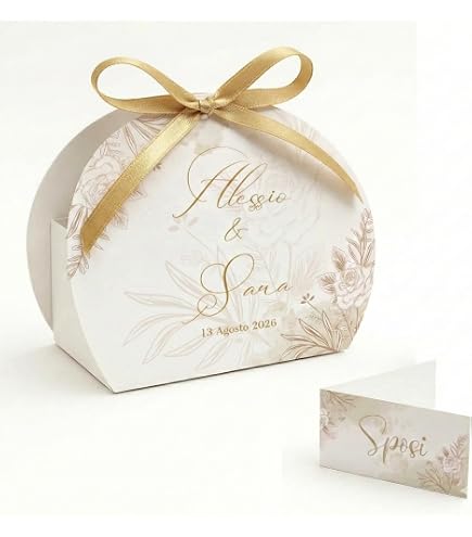 Scatola portaconfetti personalizzata per matrimonio con fiocco dorato e nastro di raso - Italia