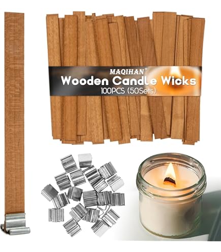 50 Sets Wide Wooden Candle Wicks Wood Soy Wax Wicks Smokeless Crackling Candle Wicks Natural Candlemaking Wicks Brown Candle Making Wick Candle Cores With Metal Base