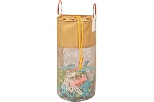 GNEGNI LIFE Pegs Bag, Mesh Large-Capacity Clothes Pegs Bag with Hook Drawstring Hanging Clothespin Bag Portable Resistant Clothes Pegs Holder Bag for Storing Clothes Peg, Socks and Toys (Khaki)
