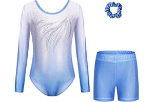 CUCUDY Body Ginnastica Artistica Bambina Ragazze - Body da Ginnastica Ragazze a Maniche Lunghe e Senza Maniche con Colori Sfumati Pantaloncini e Fascia per Capelli, Atletica Body per Bambini 5-14 anni