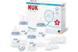 NUK First Choice Perfect Start Babyflaschen-Set | 0–6 Monate | 4 x Anti-Kolik-Trinkflaschen (150 ml, 300 ml), 2 x Sauger, 1 x First Choice Schnuller, 1 x Flaschenbürste | Wal | 8-teilig