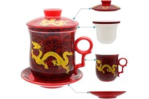 HOLLIHI Tasse à thé Hollihi avec couvercle, soucoupe, filtre, en porcelaine chinoise de Jingdezhen