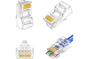 ESHAN CAT6 Pass Through RJ45 Connectors End Plugs 25 Pack 8P8C 24AWG Ethernet Network Lan Flat Round Cable STP FTP Crimp Modular Gold Plated Connector CTA5e CAT5