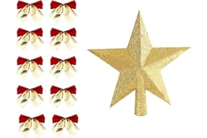 JIJICZ Weihnachtsbaumspitze Stern Gold Mit 10 Weihnachtsbögen Für Weihnachtsbäume Dekoration, Leichte Glitter Weihnachtsbaum Top Christmas Tree Topper Deko Dekor Ornament