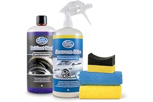Greased Lightning Bodywork - Tyres & Trim Twin Pack - Showroom Shine 1L Waterless Wash and Wax & Brilliant Black 1L Tyre & Trim Restorer Plus 2 Microfibre Cloths + Tyre Sponge Pack