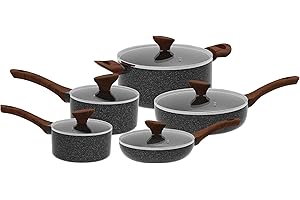 Houszy 10-Piece Non-Stick Cookware Set with Tempered Glass lids, This pots and Pans Set is Induction Compatible, Features a Granite Coating & Heat-Resistant Bakelite Handles