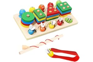 TAIHOBO Gry Edukacyjne dla dziecko Montessori 1-3 Lata, Drewniana Gra 3 w 1 Sortowanie i Układanie W Stosy