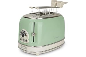 Ariete Grille-Pain 2 Tranches Vintage 155, Grille-Pain 6 Niveaux de Grillage, Éjection Automatique, Fonction Décongélation, Tiroir Ramasse-Miettes Amovible, Acier Inoxydable, avec Pince, 810W, Vert