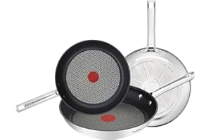 Tefal Duetto - Juego de Sartenes de 20/24/28 cm, Apto inducción, antiadherente, revestimiento titanio, Thermo-signal, sin PFOA, apto lavavajillas y horno, acero inoxidable