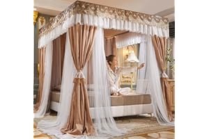 AGYHAM Betthimmel Betthimmel Mit 4 Eckpfosten Für Twin Queen King, Mit Spitze Bestickter Luxus-Bettvorhang, Moskitonetz Mit Ständer (Color : Khaki, Size : 180X220cm/71X87inch)