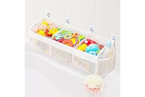 JUSJUBR Bath Toy Storage Net, 3 Compartment Hanging Plaything Storage Bag,Bath Gametoy Tidy for Accessing & Sorting, 2 Side Pocket and 4 Strong Suction Hooks