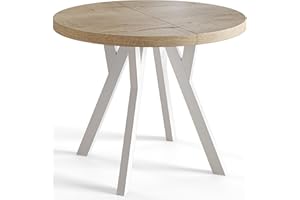 AlpiMeble Mesa de comedor redonda OVO, mesa extensible, diámetro: 90 cm a 190 cm, mesa de salón, color: HALIFAX, con patas de madera en color blanco