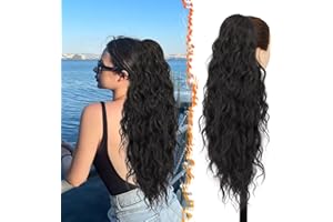 BARSDAR Black Brown Drawstring Ponytail Extension, 26 Inch Long Curly Wavy Ponytail Hair Extensions for Women, Synthetic Drawstring Clip in Pony Tails Hairpieces Daily Party- Black Brown