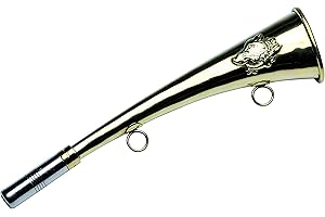 Januel - Corno da caccia - Corno a piastra - Corno da caccia in battuta - Lunghezza 25 cm - Anelli di trasporto saldati - Decorazione Cinghiale - Ottone dorato - Pipetta sostituibile