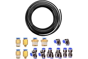 HUAZIZ 10m PolyuréthaneTuyau Pneumatique 6mm Noir, PU Tuyau Air, avec 14 Connecteur Pneumatique 4mm (2 Droits, 2 Coudes, 2 Raccords en T, 2 Séparateurs en Y, 6 Raccords Filetés Mâle)