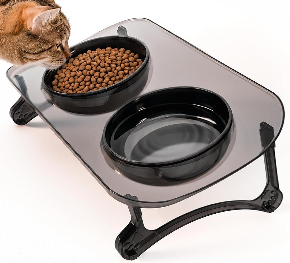 Mama Kabı, Mama ve Su Kabı, Kedi Mama Kabı, Kedi Mama ve Su Kabı, Köpek Mama Kabı, Kedi Mama Kapları, Köpek Mama ve Su Kabı, 15° Eğimli Yüksek Çift Kaseli (Siyah Transparan+Siyah)