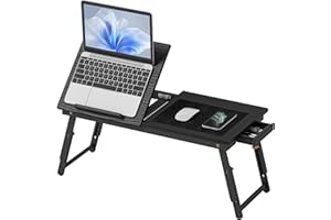 HOMCOM Table de lit Pliable et réglable, Plateau pour Ordinateur Portable avec Plateau inclinable, tiroir, Bureau de lit en Bambou, 83,5l x 33P x 23,5-34H cm, Noir