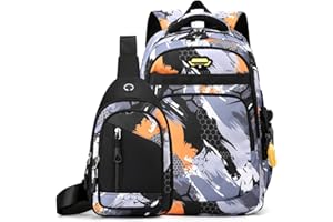 Tanou School Backpack for Teen Boys, Large School Bag for Primary Secondary School, Waterproof 2-Piece Boy Rucksack Set with Sling Bag