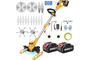 SUAIIOLK Decespugliatore a Batteria 21V, 5 in 1 Tagliabordi a Batteria con 2 Spazzola per Erbacce e 5 Tipi di Lame Decespugliatore Elettrico, Tagliabordi Elettrico, Girevole 90°, Yellow