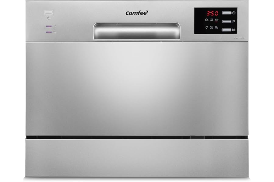 COMFEE' TD602E-S Compact Table Dishwasher Mini Dishwasher with 6 Place Settings, 6 Programs, LED Display, Delay Start and Wash Function in Non-Tip Hours - Silver
