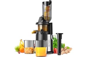 ‎AIRMSEN AIRMSEN Slow Juicer, Entsafter Gemüse und Obst mit 82mm Großem Einfüllöffnung für ganze Früchte entsaften, Max 450W BPA freie Cold Press Juicer Machine mit 2 Behälter und Bürste - Schwarz