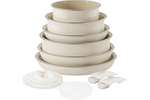 RIOVARM Set di pentole e padelle con manici staccabili, Impilabile Antiaderente In ceramica Set di pentole con coperchi, Salvaspazio Set di utensili da cucina Senza PFOA, Padella, Casseruole