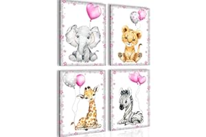 NOVART Cuadros Modernos Animales - Cuelgue su cuadro al instante - Elegante, no necesita marco - 4 Partes Set Sala De Niña De Guardería N016647a