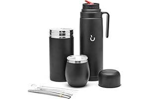 balibetov Yerba Mate kompletny zestaw – nowoczesna butelka na wodę, butelka izolacyjna, pojemnik Yerba, bombilla i szczotka do czyszczenia w zestawie, w całości ze stali nierdzewnej 304 18/8 (czarny)
