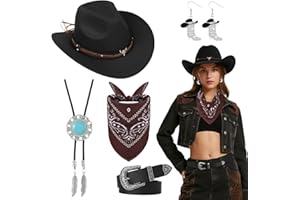 Kyndara 5Pcs Western Cowboy Hat Set for Women, Cowgirl Costume Accessory Set with Hat Necklace Earring Belt Bandana for Masquerade Halloween Parties
