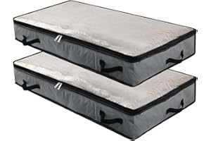 OMYGARDEN 2 bolsas de almacenamiento plegables debajo de la cama con ventana transparente, asas, cremallera, mantas para ropa, organizador de edredones para dormitorio y armario, 100 x 50 x 15 cm, color gris