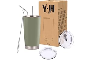 Y·J&H Y·JH 20oz (550ml) Bicchiere da viaggio Tazza da caffè a doppia parete isolata sottovuoto Tazza da caffè in acciaio inossidabile con 2 coperchi antispruzzo, 2 cannucce, senza BPA - Army Green