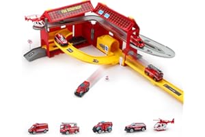 Rhybor City Camión de autopista - Pistas de Juguete y Parking - Juego de 3 Mini Coches de Bomberos con Lanzador - Garajes para Niños 2-8 Años