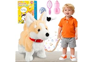 Marsjoy Corgi Walking Dog Barking Musical Singing Dancing Dog, Volume Control Interactive Puppy Walk Along with Leash, Wagging Tail Shaking Head, Electronic Robot Plush Stuffed Animal Puppy for Kid