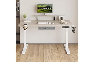 OCGREEN Biurko stojące z elektryczną regulacją wysokości, biurko stojące, do domu, biura, ergonomiczne biurko (dąb + półka na monitor, 140 x 76 cm)