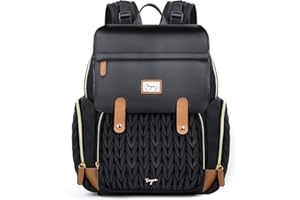 Tonyeee 100% Vegan Leather Changing Bag Backpack, Large Nappy Bag, Waterproof and Stylish with Baby Changing Mat for Mum - Black