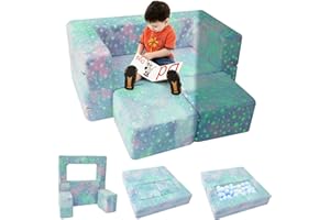 MeMoreCool Kids Sofa Bed, Modular Toddler Chair Couch, Glow in The Dark Baby Mini Couch Lounger Fold Out, Kids Bedroom Furniture for Playroom, Colourful Star