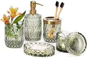 EMPO 6 szt. Zestaw akcesoriów łazienkowych z przezroczystego szkła (dozownik mydła w balsamie, mydelniczka, uchwyt na szczoteczkę do zębów, szklanka, słoik z wacikiem), współczesny nowoczesny wystrój