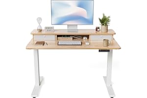 FEZIBO Electric Height Adjustable Standing Desk, 100x60cm, with Double Drawers and Storage Shelf, Maple