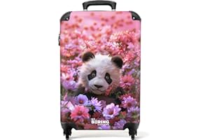 NoBoringSuitcases.com Kinderkoffer Mädchen, Hartschalenkoffer, Kinder Reisekoffer, Koffer Rosa, Handgepäck Koffer, Rollkoffer, Handgepäck Trolley 55x40x20 cm (Junger Panda, Blumen - Rosa)