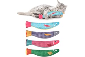 Aibuddy Catnip Toy, 4 Pack Fish Cat Chew Toys, Bite Resistant Catnip Toys with Bell Inside, Plush Cartoon Kitten Teething Interactive Toy （ 7.7" L * 1.9" W）